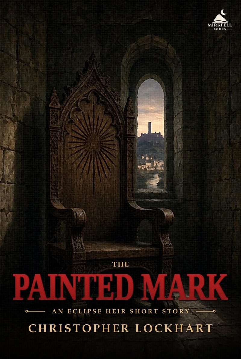 Cover of The Painted Mark: an empty carved oak chair with a burned sun on its back, and through a deep window the river, the town and the Black Castle